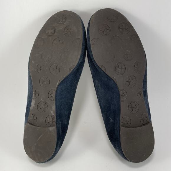 Tory Burch Reva Ballet Flats Shoes Navy Suede Womens Size 7 Slip On Gold Logo - Picture 7 of 9